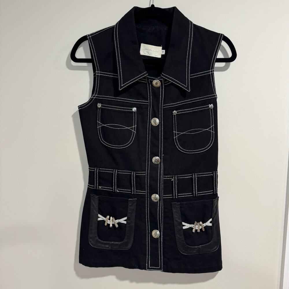 Cache Womens Black Denim Jacket Vest Leather Silver Accents Size Small Y2K 90s